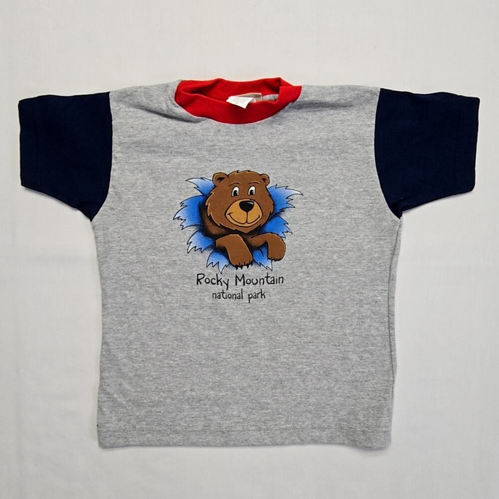 Vintage Rocky Mountain Bear Tee  Colorblock Gray Graphic 90s Kids 5/6 T-shirt
